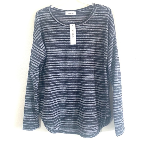 Gray & black long sleeve drop shoulder curved hem striped pullover top, NEW! - Picture 2 of 16